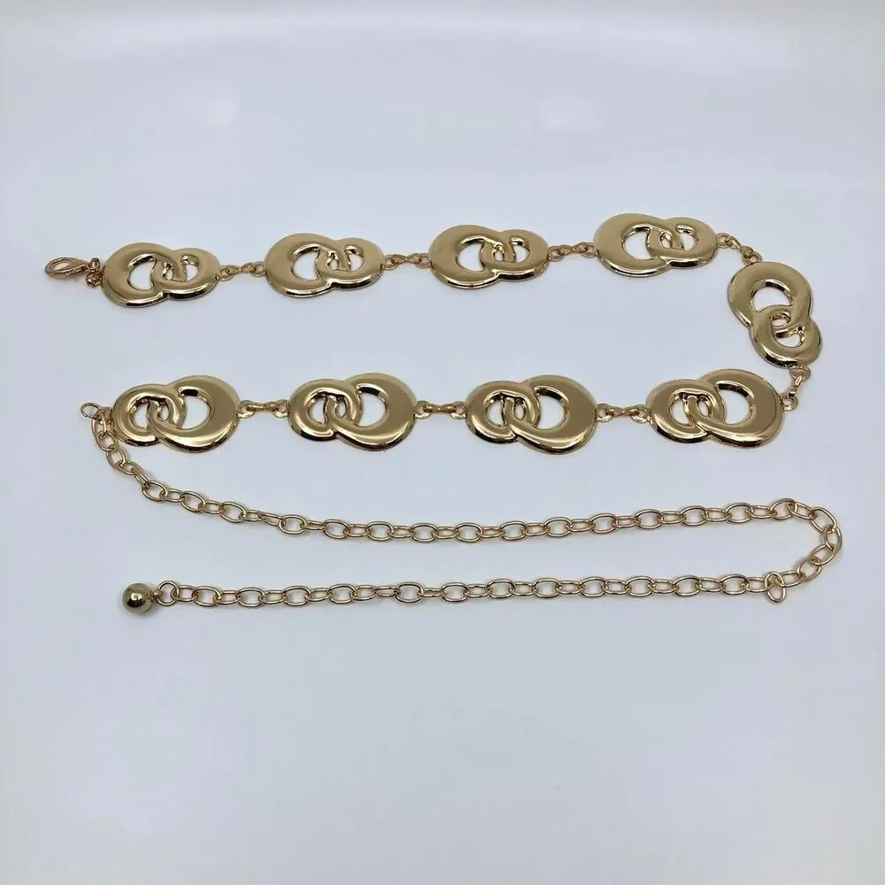Y2K Geometric Gold Interlocking Loop Chain Belt, Fits 24.5–45 Inches, X7GA1163